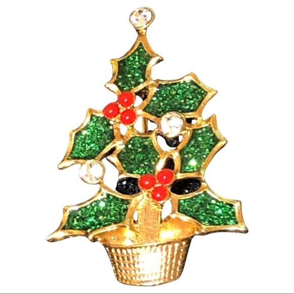 VINTAGE AVON HOLLY CHRISTMAS TREE BROOCH Pin Gold Tone Enamel Rhinestones Signed - Picture 1 of 4